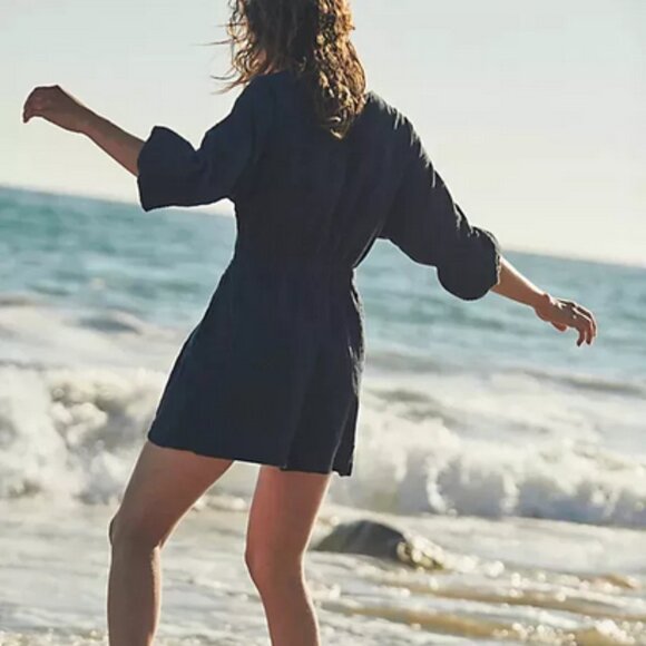 Free People Free-Est - Knotty But Nice Romper Black Textured L - Picture 2 of 7